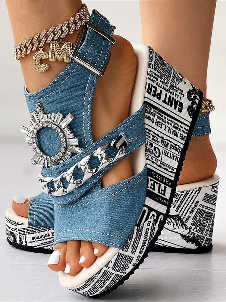 Denim Wedge Sandals - ECHOINE