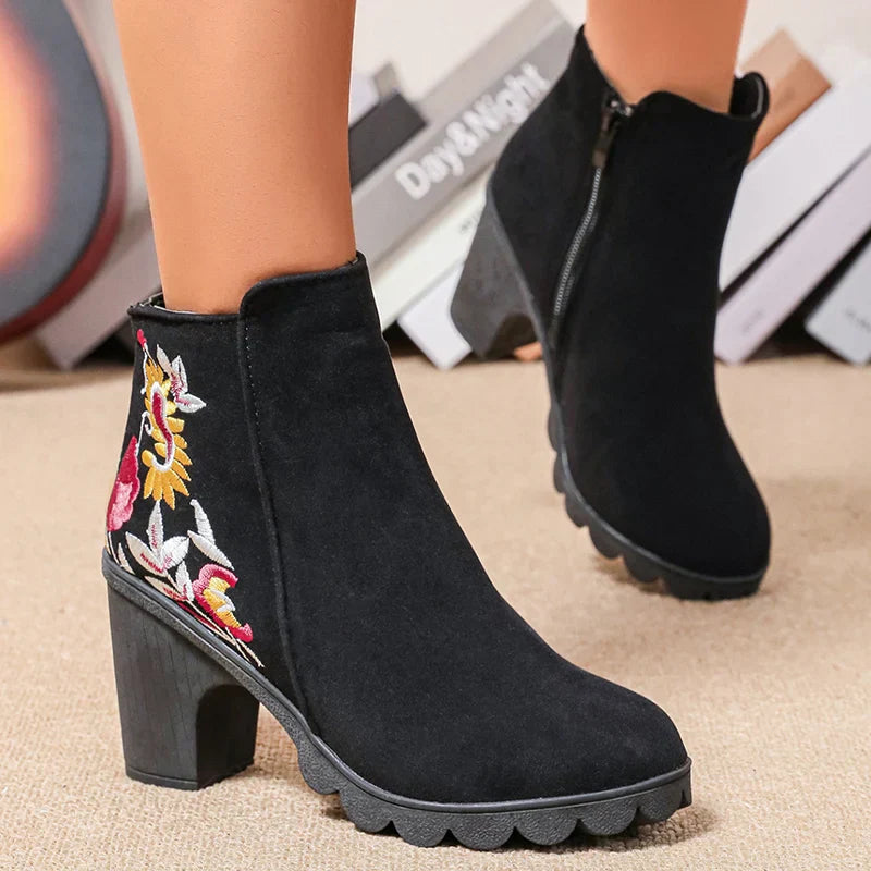 Embroidered High Heels Ankle Boots for Women 2024 Autumn Side Zip Black Short Botas Mujer Fashion Flower Thick Heeled Booties