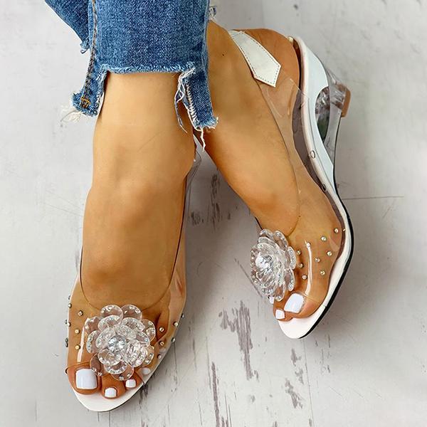 Studded Flower Design Transparent Wedge Sandals Oshnow