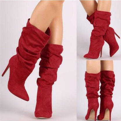 Women Pleated Mid Calf Boots -High Heels Women's Pointed Toe Sexy Pumps - Tania's Online Closet, LLC